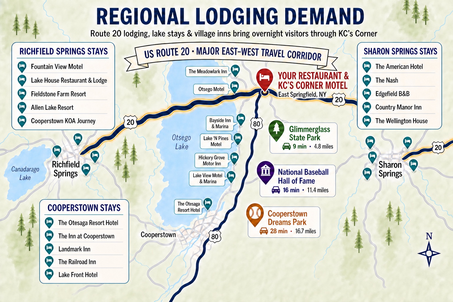 Regional lodging-demand map positioning your restaurant and KC's Corner Motel among stays in Richfield Springs, Sharon Springs, and Cooperstown