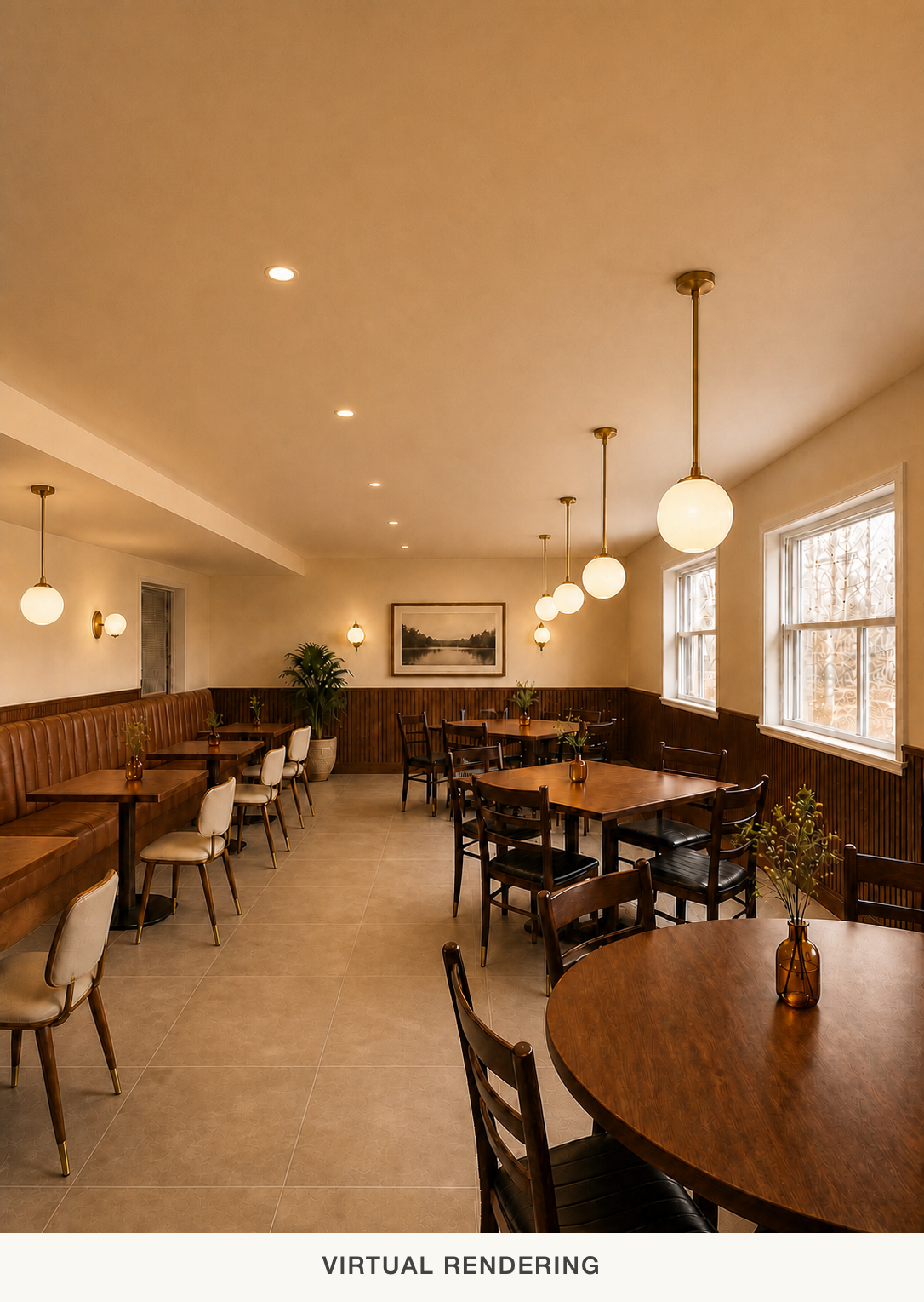 Virtual rendering of a warm additional dining room with wood tables, banquette seating, and globe lights