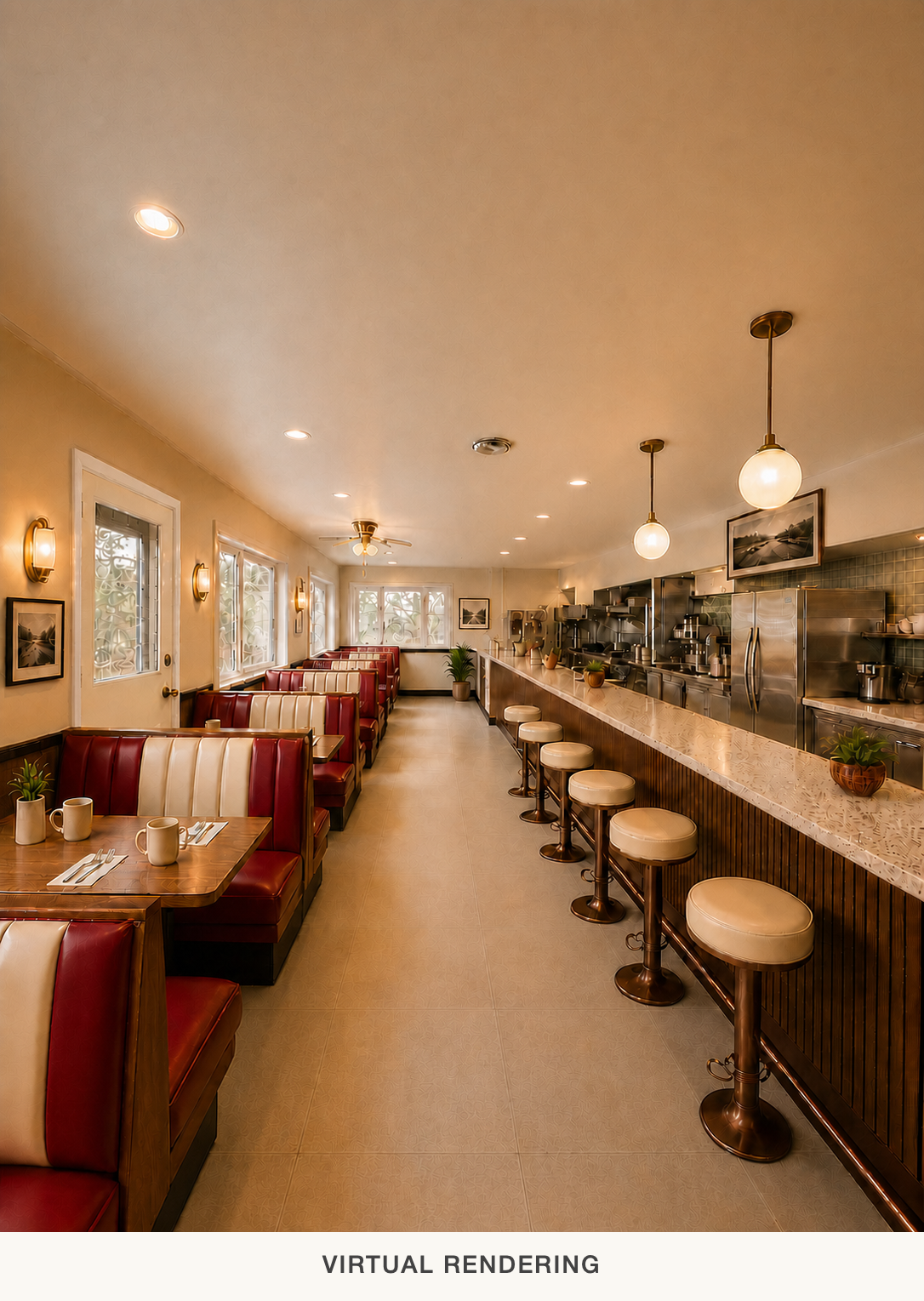 Virtual rendering of a renovated mid-century diner with red booths, counter stools, and an open service line