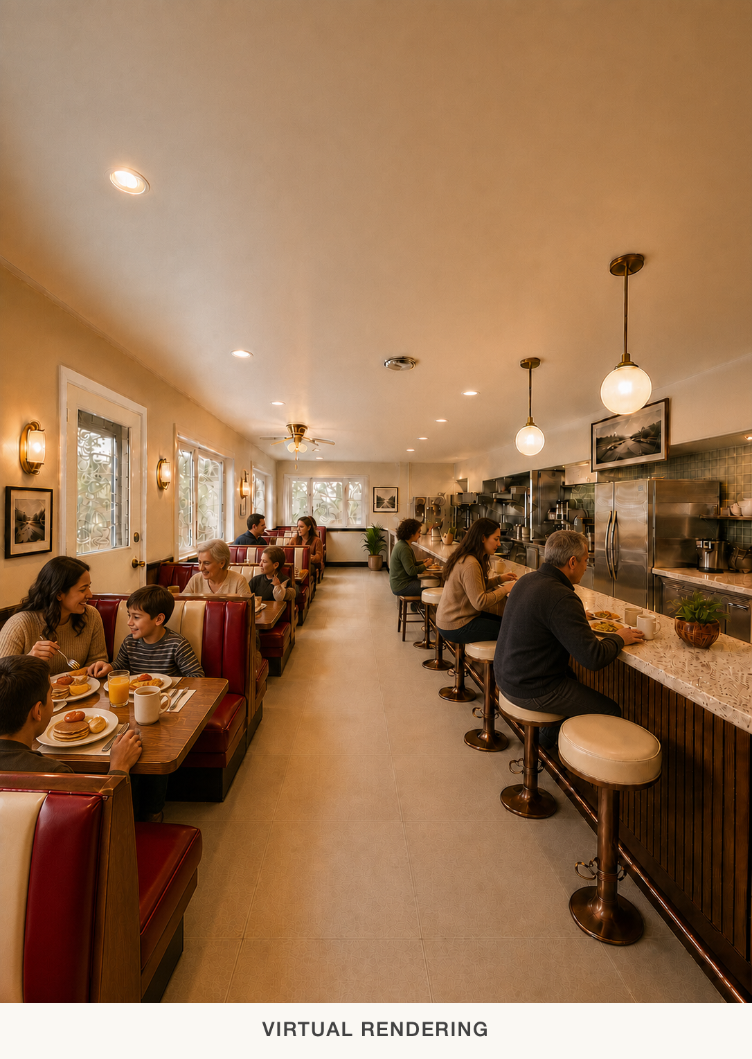 Virtual rendering of families dining in a renovated KC's Corner diner with booths and counter seating