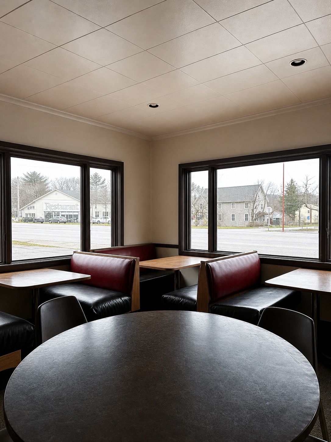 Front dining area with original booths and large Route 20 windows